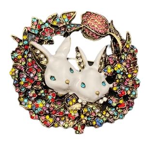 Whimsical White Rabbit Brooch with Multicolor Floral Design